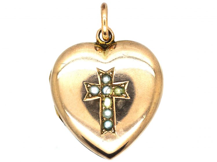 Edwardian 9ct Gold Back & Front Heart Shaped Locket with Cross set with Natural Split Pearls