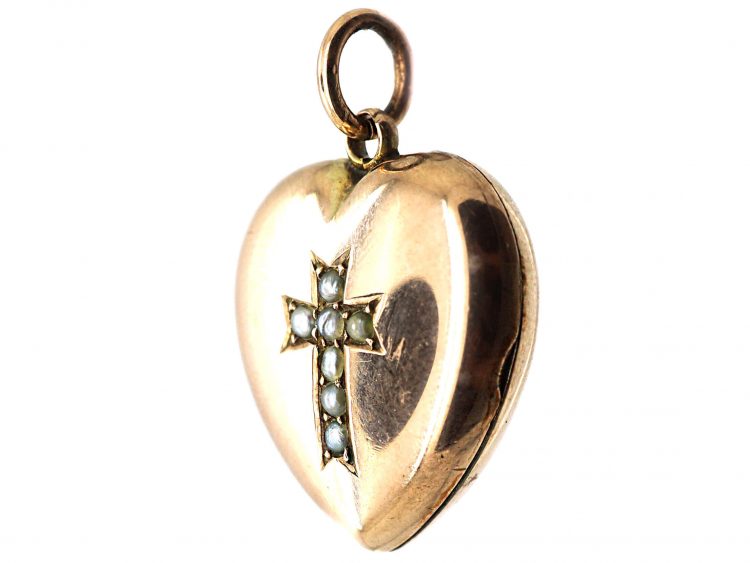 Edwardian 9ct Gold Back & Front Heart Shaped Locket with Cross set with Natural Split Pearls