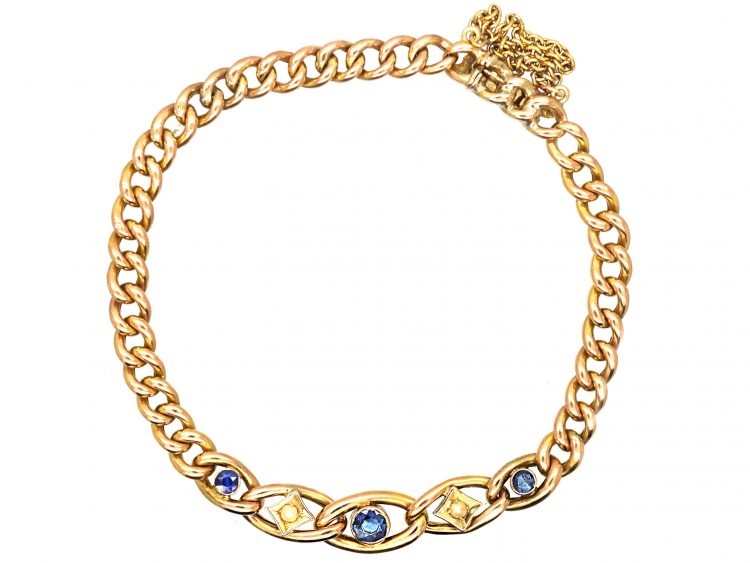 Edwardian 9ct Gold Curb Bracelet set with Sapphires & Natural Split Pearls