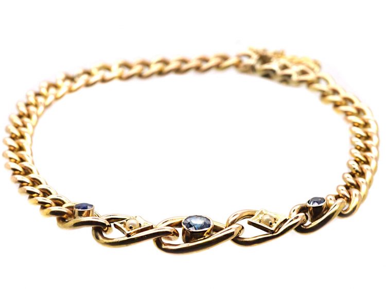 Edwardian 9ct Gold Curb Bracelet set with Sapphires & Natural Split Pearls