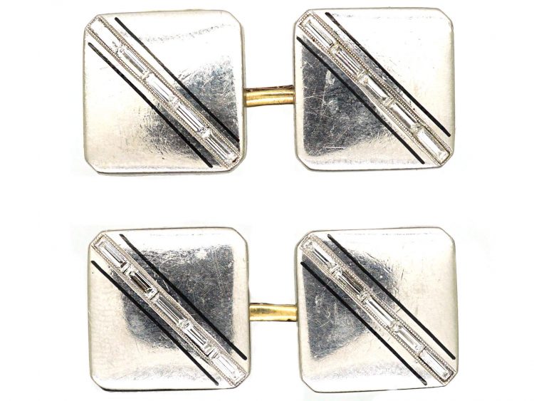 Art Deco Platinum & 18ct Gold Cufflinks with Baguette Diamonds & Black Enamel Detail