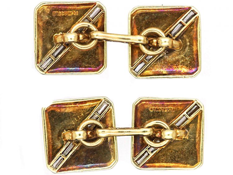 Art Deco Platinum & 18ct Gold Cufflinks with Baguette Diamonds & Black Enamel Detail