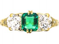 Victorian 18ct Gold Three Stone Emerald & Diamond Carved Half Hoop Ring