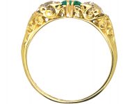 Victorian 18ct Gold Three Stone Emerald & Diamond Carved Half Hoop Ring