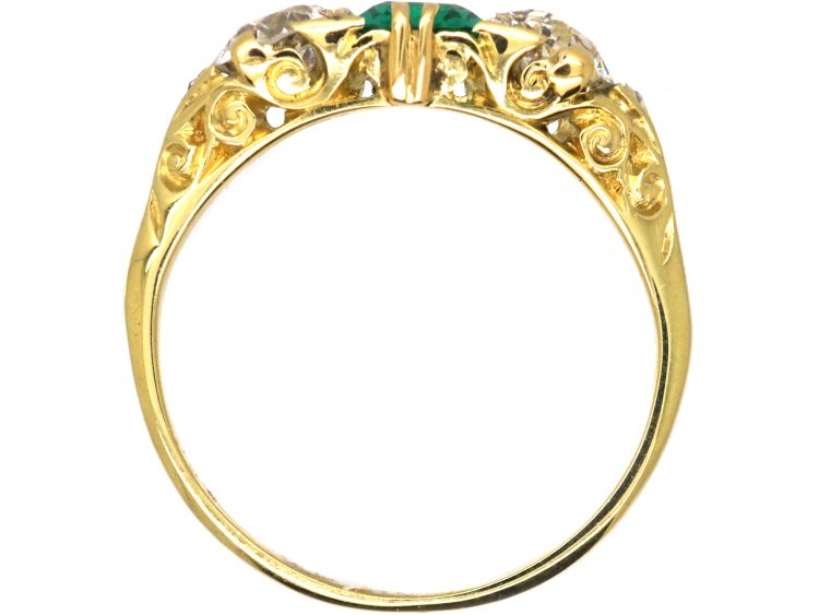 Victorian 18ct Gold Three Stone Emerald & Diamond Carved Half Hoop Ring