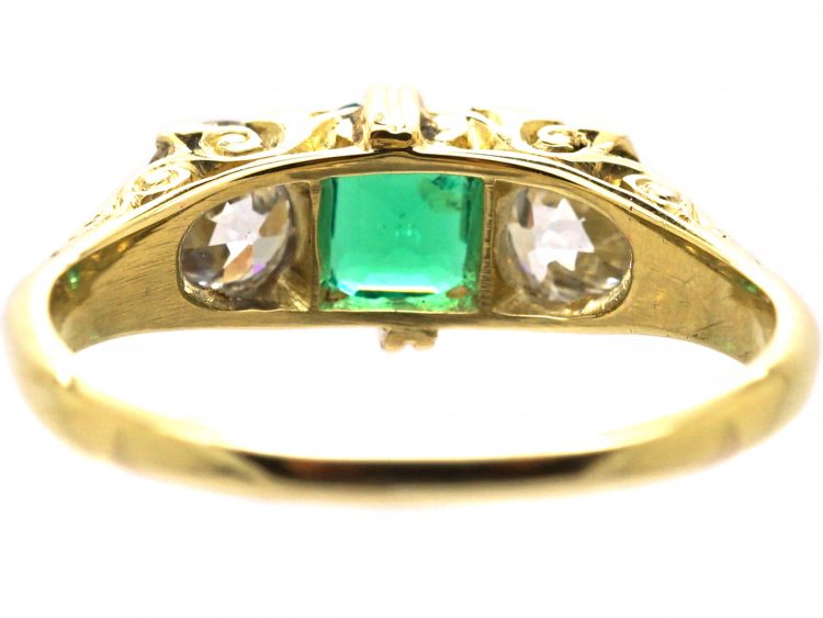 Victorian 18ct Gold Three Stone Emerald & Diamond Carved Half Hoop Ring