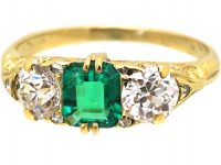 Victorian 18ct Gold Three Stone Emerald & Diamond Carved Half Hoop Ring