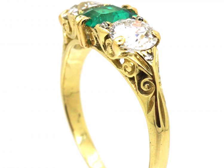 Victorian 18ct Gold Three Stone Emerald & Diamond Carved Half Hoop Ring