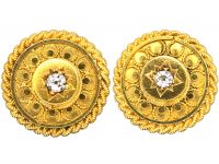 Victorian 15ct Gold Round Etruscan Revival Earrings set with Diamonds