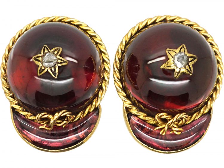 Victorian 18ct Gold Jockey Cap Earrings set with Garnets & Diamonds