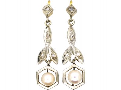 Early 20th Century 14ct Gold & Platinum, Pearl & Diamond Drop Earrings