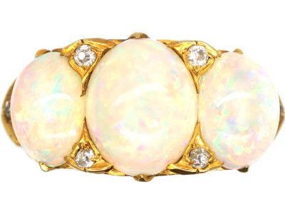 Victorian 18ct Gold Carved Half Hoop, Three Stone Opal Ring with Diamond Points