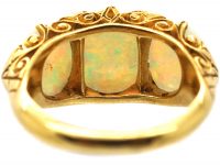 Victorian 18ct Gold Carved Half Hoop, Three Stone Opal Ring with Diamond Points