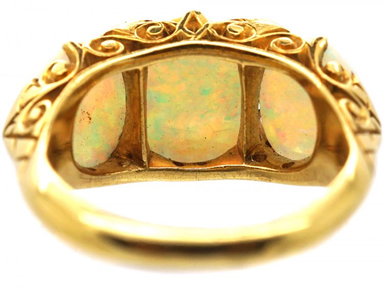 Victorian 18ct Gold Carved Half Hoop, Three Stone Opal Ring with Diamond Points