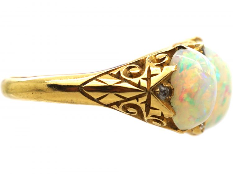 Victorian 18ct Gold Carved Half Hoop, Three Stone Opal Ring with Diamond Points