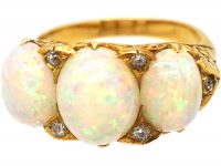 Victorian 18ct Gold Carved Half Hoop, Three Stone Opal Ring with Diamond Points