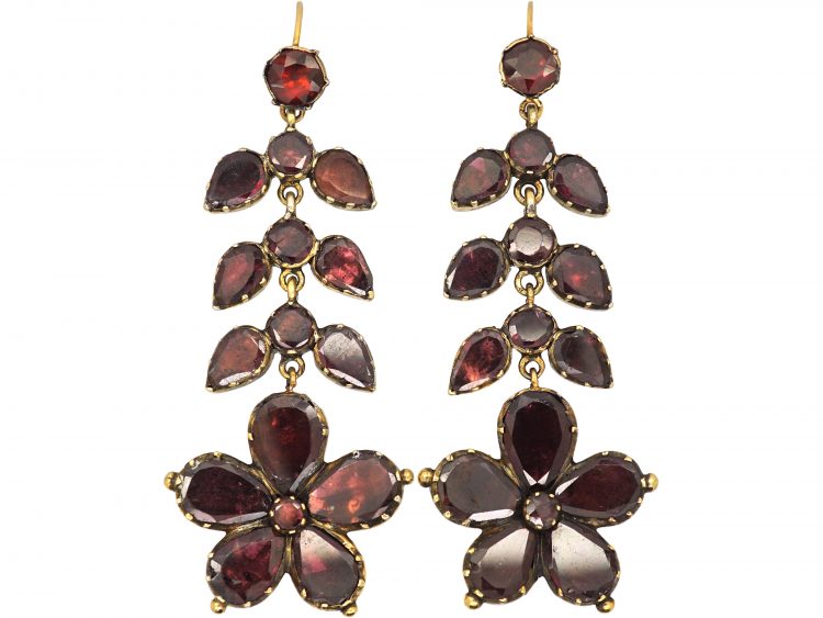 Georgian Flat Cut Almandine Garnet Drop Pansy Earrings