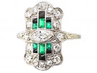 Early 20th Century Platinum Ring set with Emeralds, Onyx & Diamonds