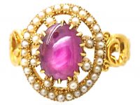 Victorian 18ct Gold, Star Ruby & Natural Split Pearl Cluster Ring