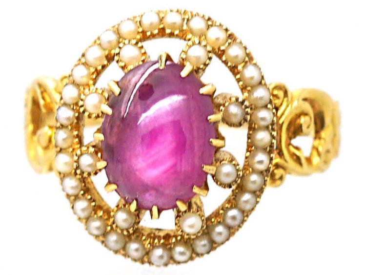 Victorian 18ct Gold, Star Ruby & Natural Split Pearl Cluster Ring