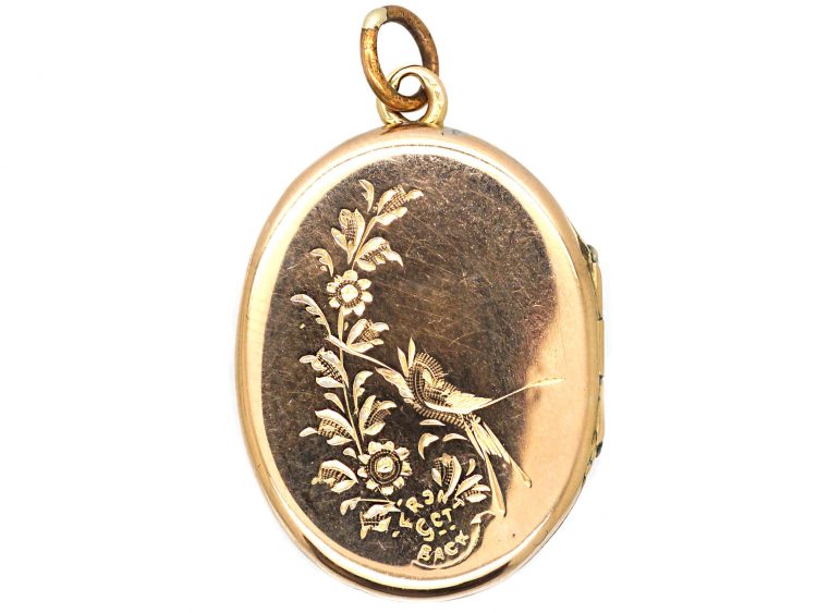 Edwardian 9ct Gold Back & Front Locket with Engraved Swallow & Flower Basket Detail