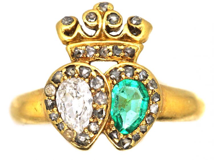 Victorian 18ct Gold Double Heart Ring set with an Emerald & Diamonds