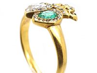 Victorian 18ct Gold Double Heart Ring set with an Emerald & Diamonds