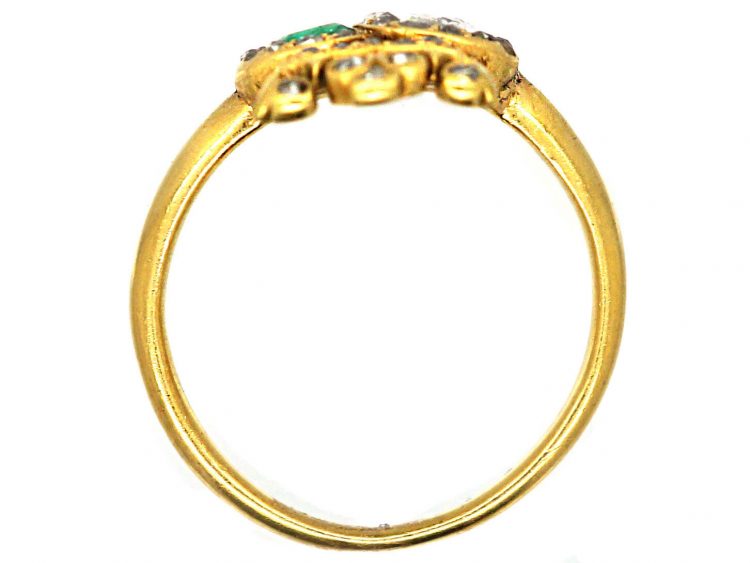 Victorian 18ct Gold Double Heart Ring set with an Emerald & Diamonds