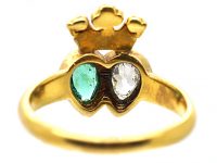 Victorian 18ct Gold Double Heart Ring set with an Emerald & Diamonds