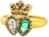 Victorian 18ct Gold Double Heart Ring set with an Emerald & Diamonds