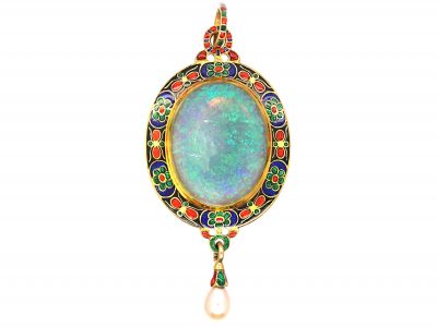 Victorian 18ct Gold & Enamel Holbeinesque Pendant set with an Opal