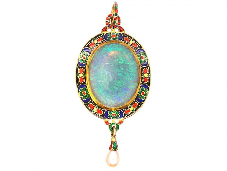 Victorian 18ct Gold & Enamel Holbeinesque Pendant set with an Opal