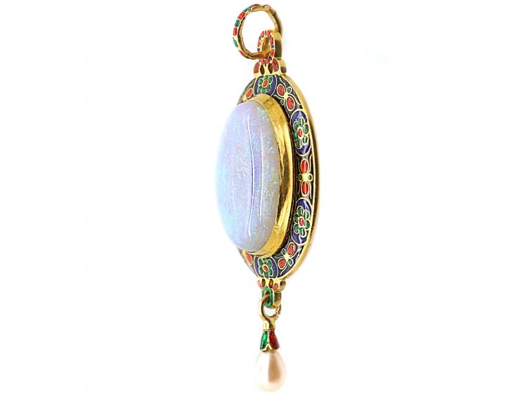 Victorian 18ct Gold & Enamel Holbeinesque Pendant set with an Opal