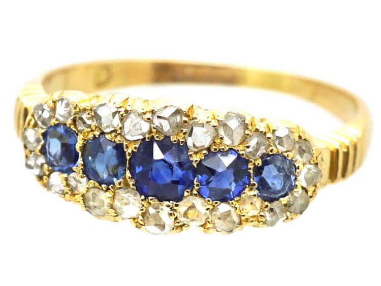 Edwardian 18ct Gold, Five Stone Sapphire & Rose Diamond Ring