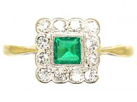 Edwardian 18ct Gold & Platinum, Emerald & Diamond Square Ring