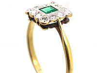 Edwardian 18ct Gold & Platinum, Emerald & Diamond Square Ring