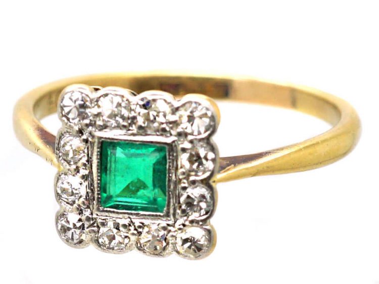 Edwardian 18ct Gold & Platinum, Emerald & Diamond Square Ring