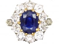 Edwardian 18ct Gold & Platinum, Sapphire & Diamond Cluster Ring with Diamond Set Shoulders