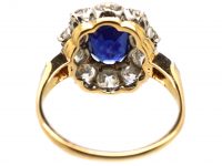 Edwardian 18ct Gold & Platinum, Sapphire & Diamond Cluster Ring with Diamond Set Shoulders