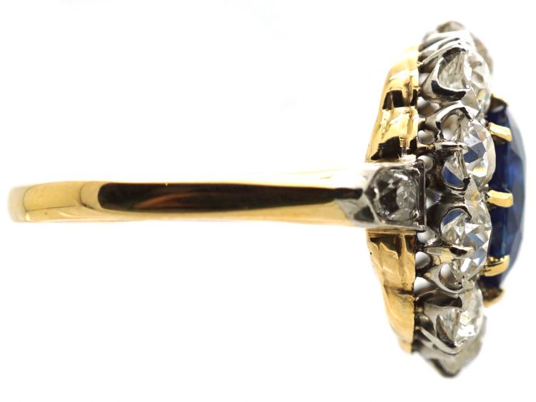 Edwardian 18ct Gold & Platinum, Sapphire & Diamond Cluster Ring with Diamond Set Shoulders