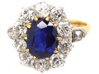 Edwardian 18ct Gold & Platinum, Sapphire & Diamond Cluster Ring with Diamond Set Shoulders