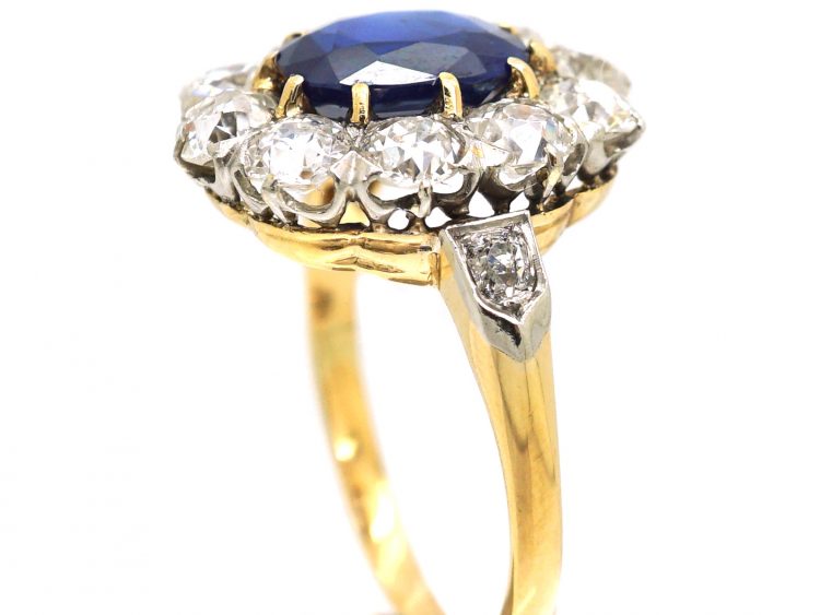 Edwardian 18ct Gold & Platinum, Sapphire & Diamond Cluster Ring with Diamond Set Shoulders