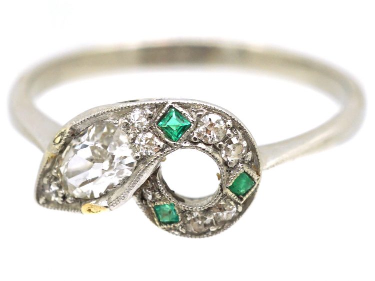 Edwardian Platinum Snake Ring set with Emerands & Diamonds