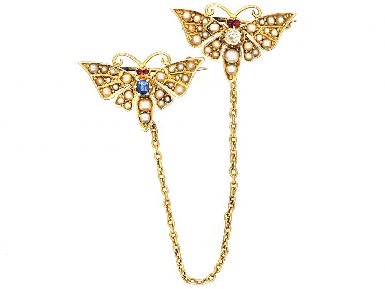 Edwardian 15ct Gold Pair of Butterflies brooch set with a Ruby, Sapphire & Natural Split Pearls