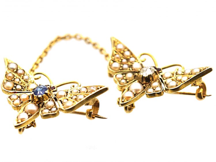 Edwardian 15ct Gold Pair of Butterflies brooch set with a Ruby, Sapphire & Natural Split Pearls