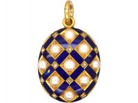 Victorian 18ct Gold & Blue Enamel Oval Locket set with Rose Diamonds & Natural Split Pearls