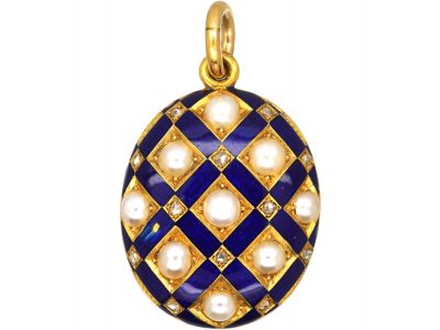 Victorian 18ct Gold & Blue Enamel Oval Locket set with Rose Diamonds & Natural Split Pearls