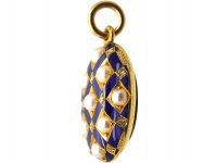 Victorian 18ct Gold & Blue Enamel Oval Locket set with Rose Diamonds & Natural Split Pearls