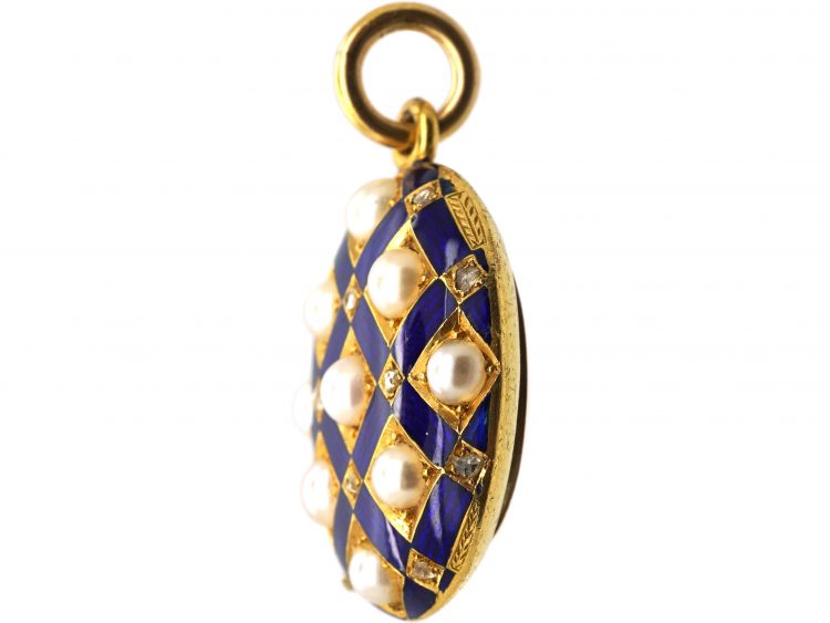 Victorian 18ct Gold & Blue Enamel Oval Locket set with Rose Diamonds & Natural Split Pearls