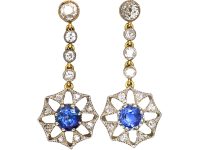 Edwardian 15ct Gold & Platinum, Sapphire & Diamond Star Motif Drop Earrings